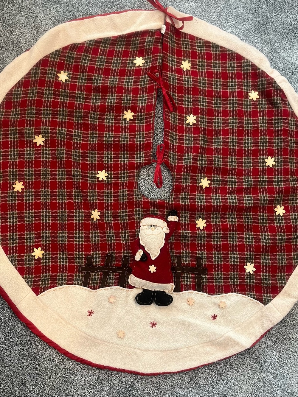 Red Plaid Santa Tree Skirt with Appliqué